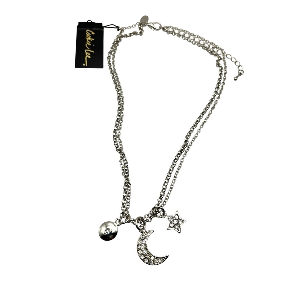Celestial Moon and Star Rhinestone Double Necklace Whimsigoth Stargirl Bohemian